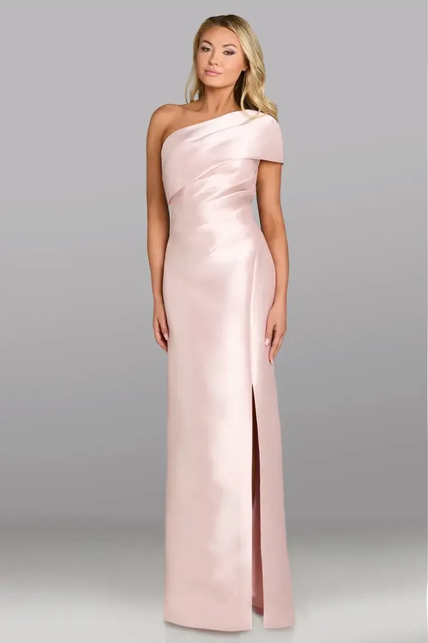 A model wearing a navy blue, form-fitting evening gown with short sleeves and a slight peplum detail at the waist.