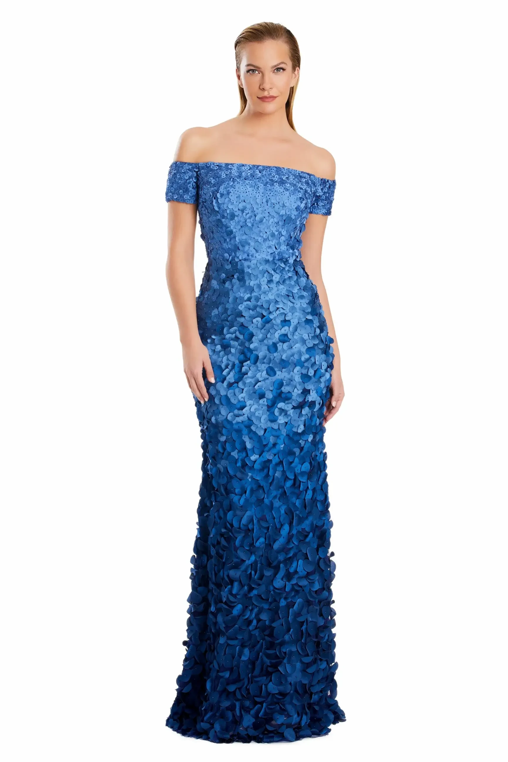 model is wearing an off the shoulder sheath evening gown in a blue ombre by alexander by daymor