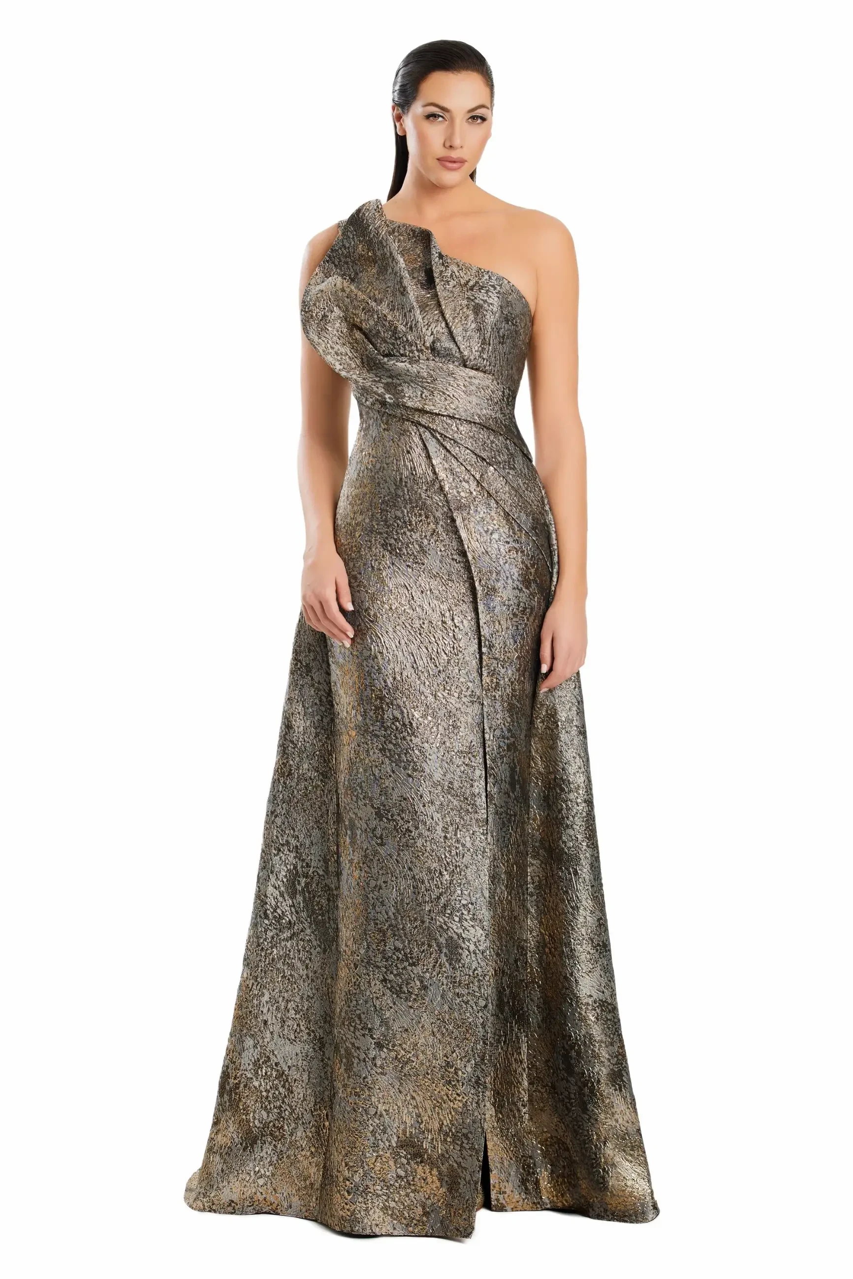 model is wearing a one sleeve gold evening gown by alexander by daymor
