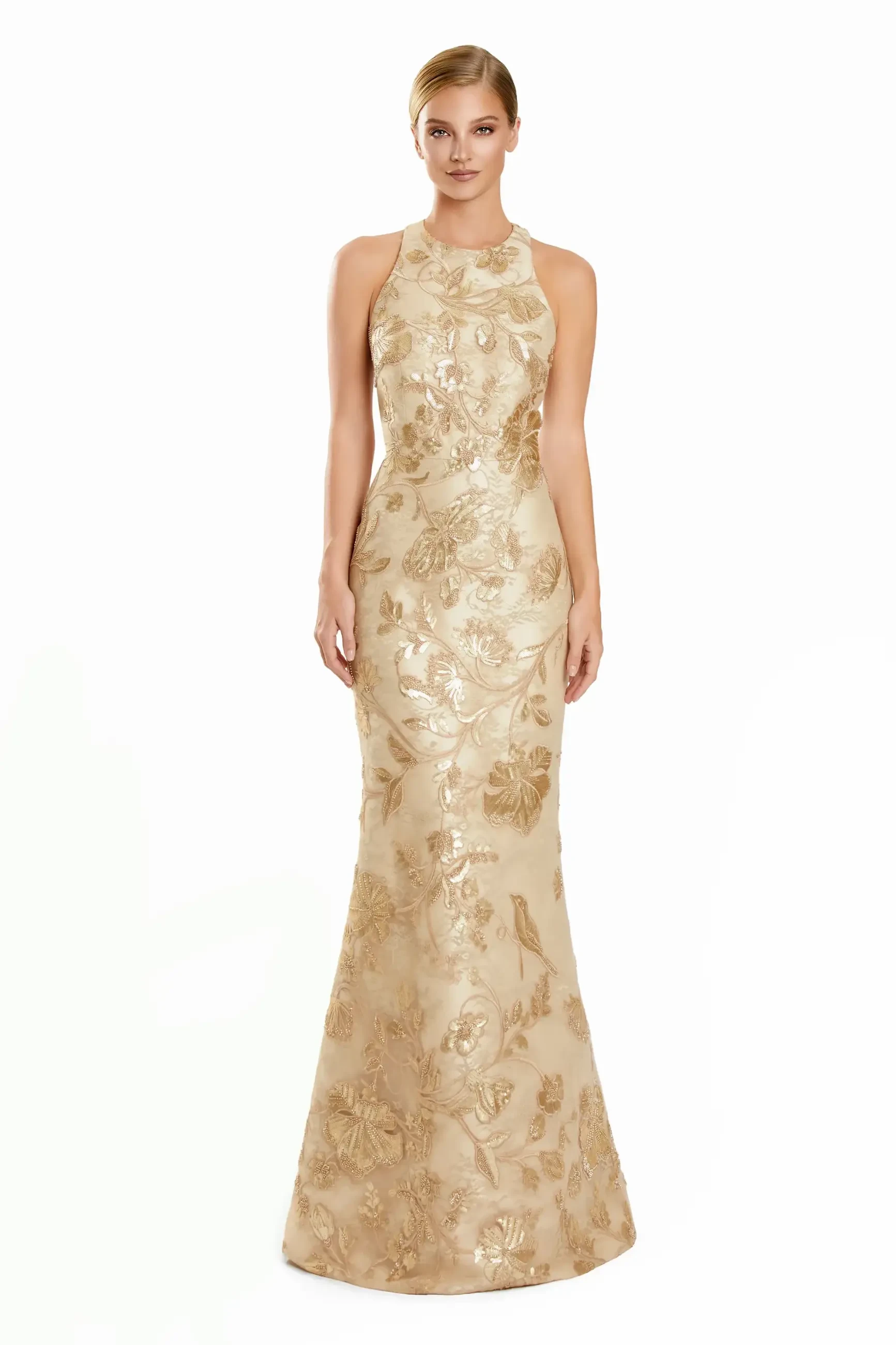 model is wearing a gold sleeveless fit and flare mothers dress