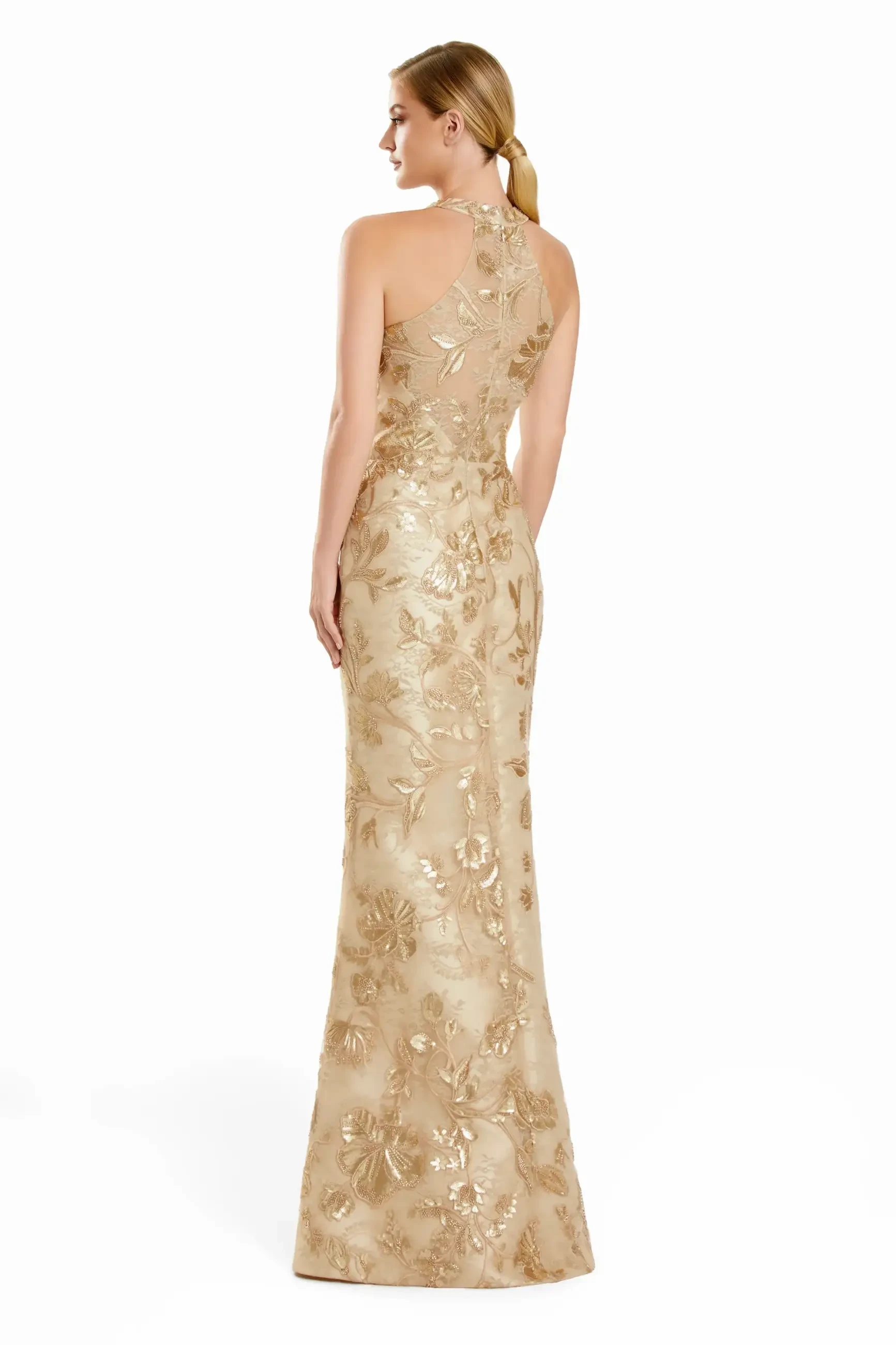 model is wearing a gold sleeveless fit and flare mothers dress