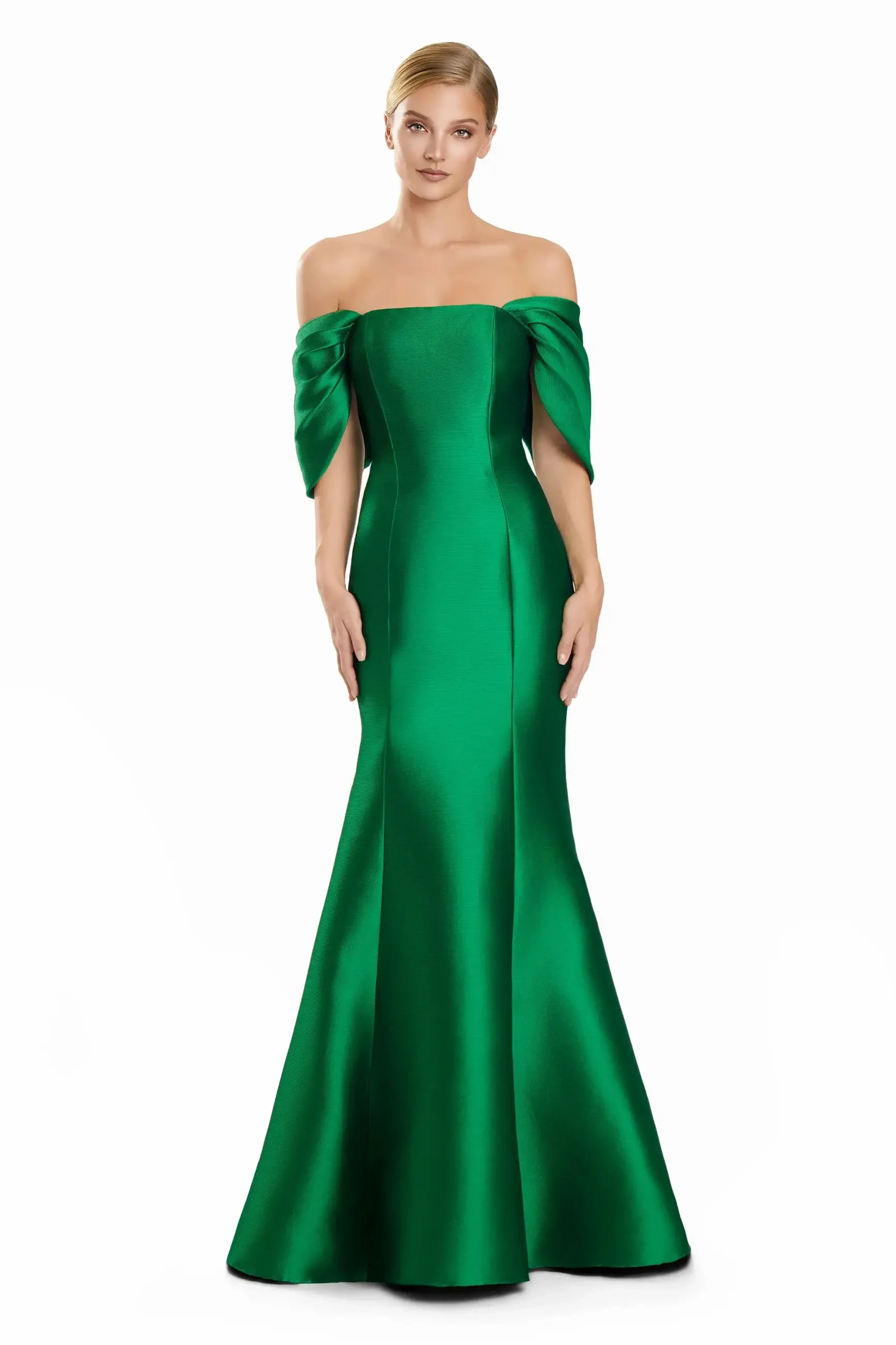 model is wearing an emerald green fit and flare off the shoulder evening gown