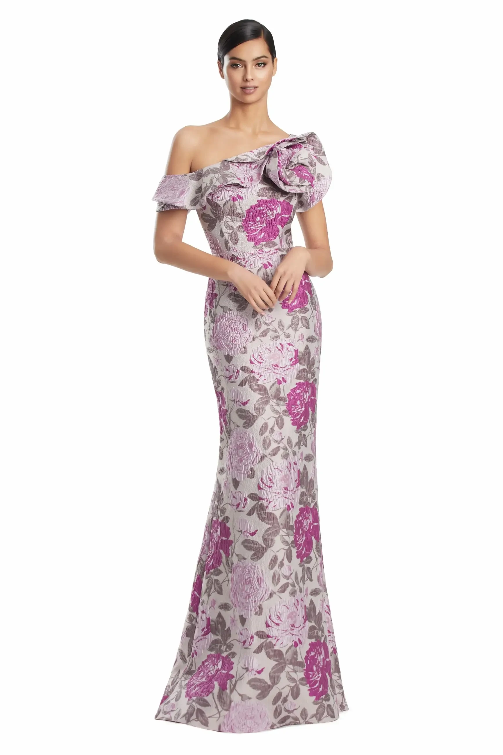 A woman wearing a floral off-the-shoulder gown with a fitted silhouette.