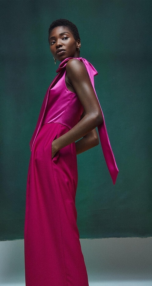 Model wearing a dramatic dress