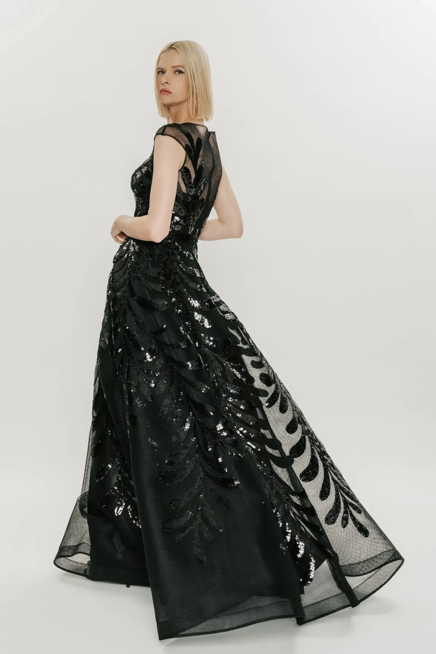 model is wearing a black a-line evening gown with cap sleeves